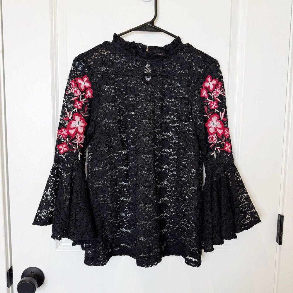 Womens Black Sheer Embroidered Floral Top Small Romantic Whimsigoth Puff Sleeve